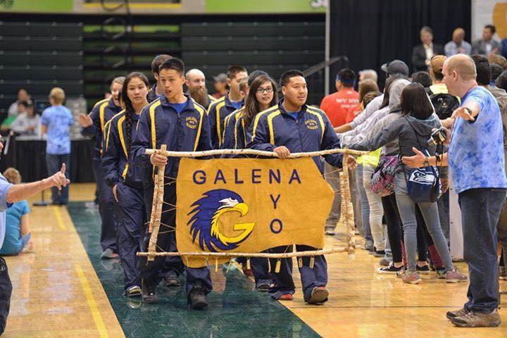 The Galena NYO team arriving at the state meet. The banner won an award for being the best at the meet.