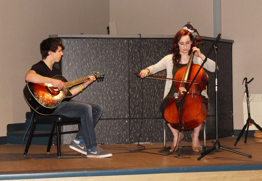 Kaleb Korta, class of 2016, and Natalie Olender, music and arts director, perform in the SUB during the grand opening last year.