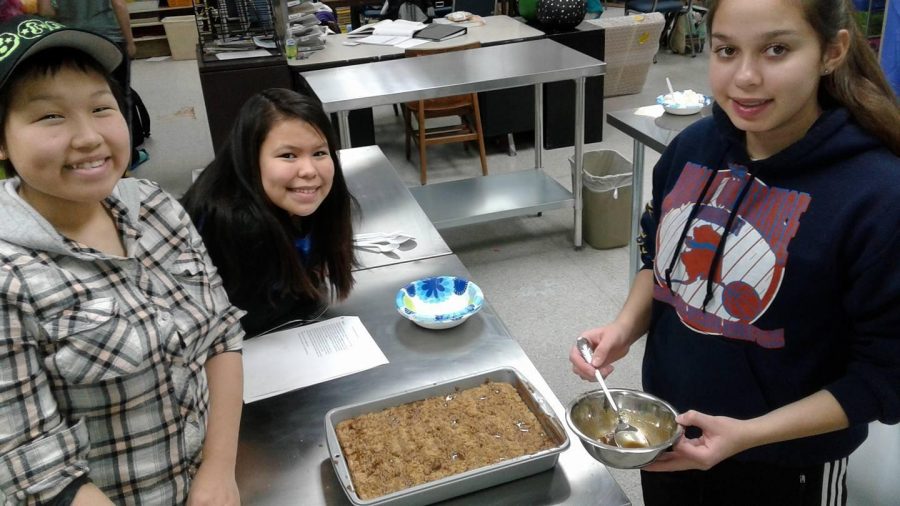 Students Brianna Noratuk, Tiana Chiklak, and Elizabeth Green in the food and nutrition class. Photo courtesy Ruth Ross.